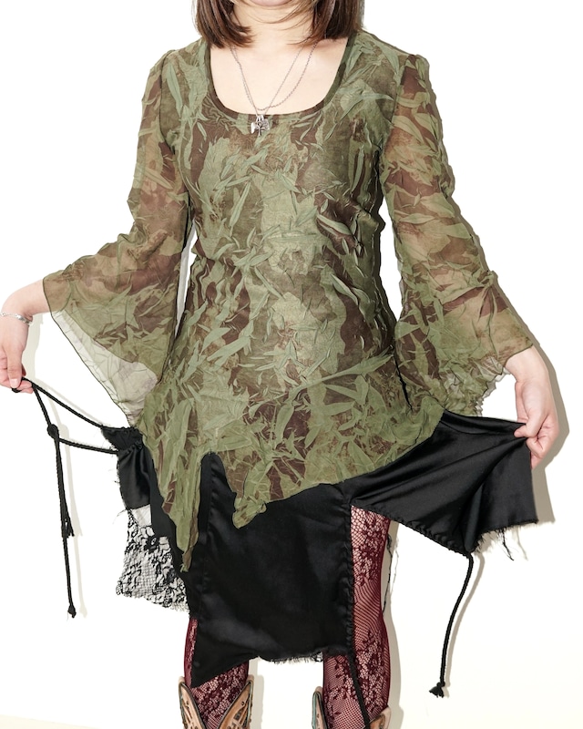 Vintage asymmetry wrinkle design sheer tops