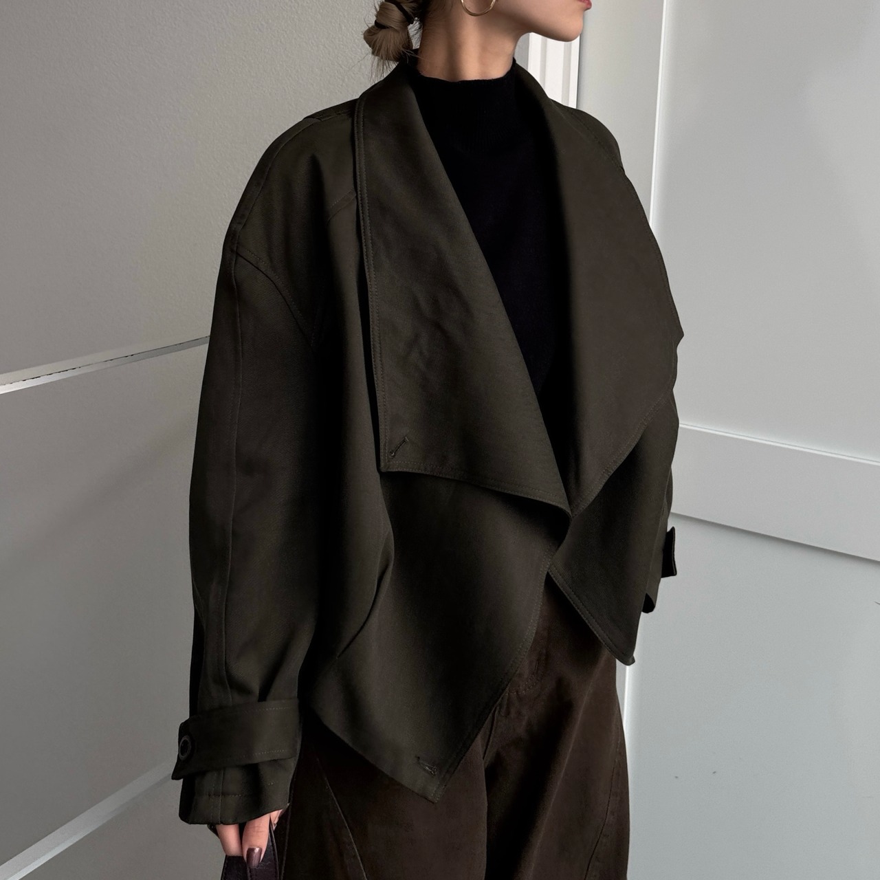 Asymmetric big collar 2way short BZ/khaki brown