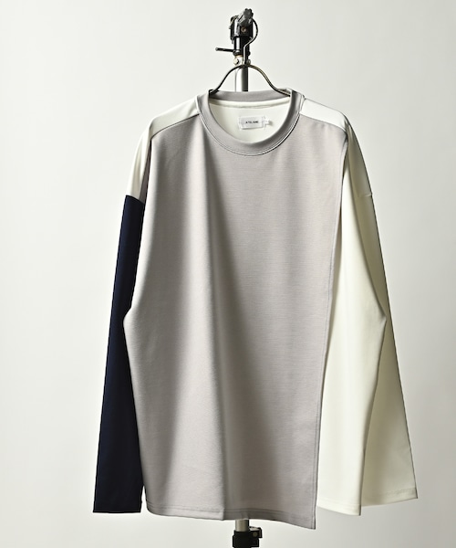 ATELANE  stretch punch asymmetry wrap switching color combination L/S cut and sew (WHT/GRY) 23A-14011