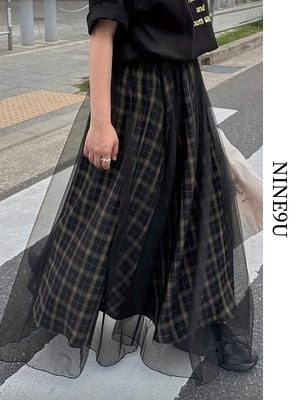 checked tulle long flare-skirt【NINE-T0106】