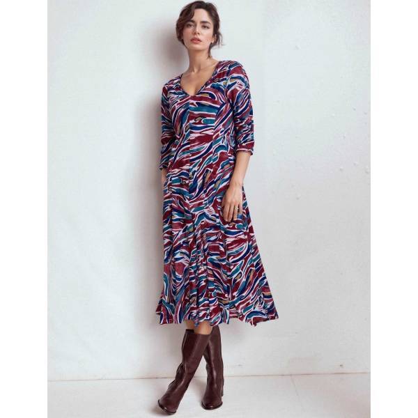 フューシャピンク ストレッチワンピース ウエーブプリント ロング