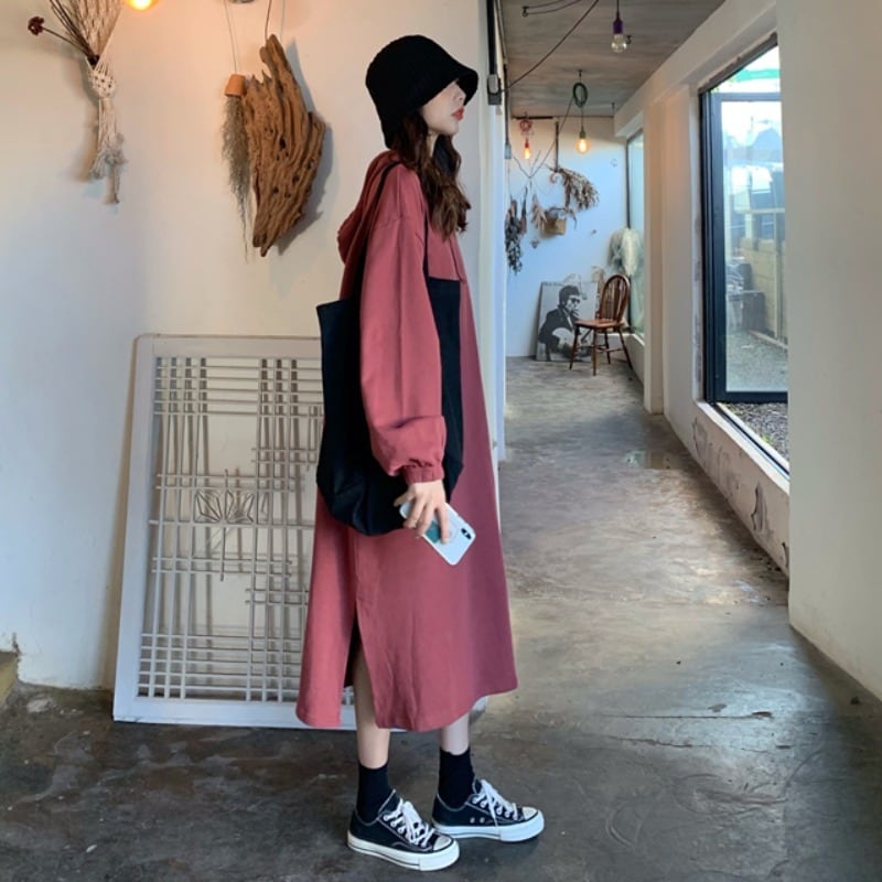 オータムスカート ルーズフードロングセーター ドレス 秋物 萌量不足47865139465