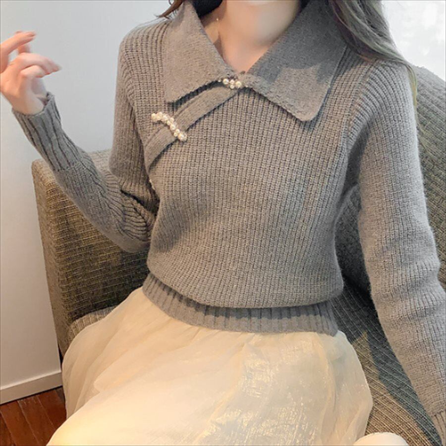 トップス 2色 セーター 萌え袖 袖あり 長袖 Vネック プルオーバー ビジュー装飾 ニット 送料無料】 トップス 2色 セーター 萌え袖 袖あり 長袖 Vネック プル