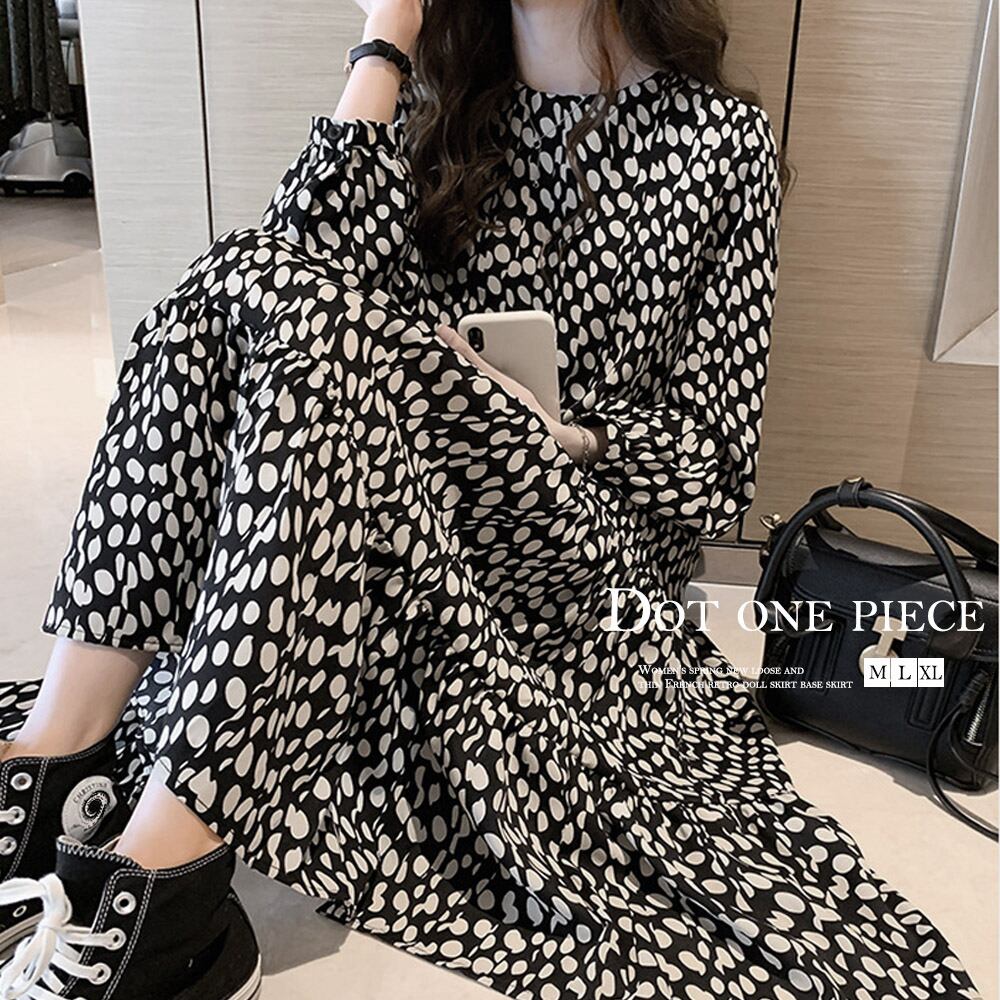 ワンピース ドット柄 シフォンワンピース レディース ロングワンピース 長袖