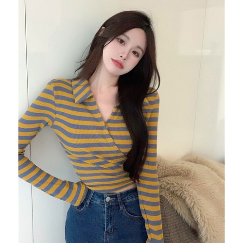 ストライプTシャツ シャツ ウェストショートトップス オータムウィンター ロング 秋物 冬物 ガールズファッション6721838058