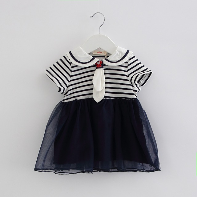 ボーダー&チュールの半袖セーラワンピ(ネイビー)