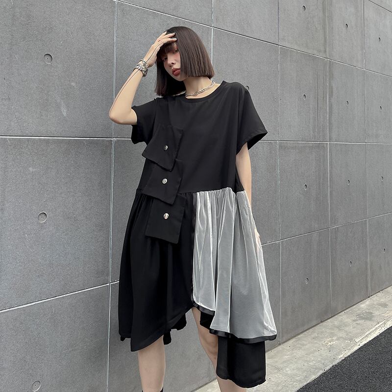 ドレス ラウンドネック半袖スリーブルーズ薄手サマーブラックスカート ショート ハーフスリーブ 夏物 Oネック ラブタオタオダレンハウス6475053253