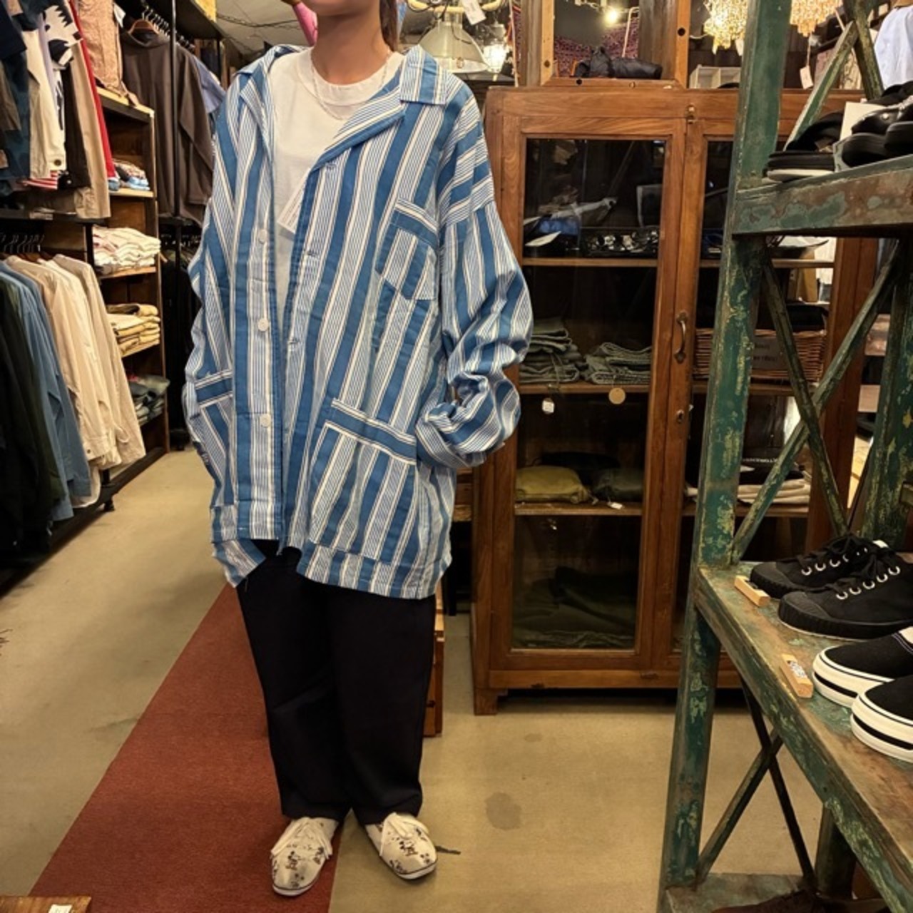 Poland Sleeping suit  Stripe L/S Blue　ポーランド　スリーピングスーツ　ブルー　ロングスリーブ　ブルー　60年代　70年代　デッドストック　ミリタリー　パジャマ　セットアップ　シャツ　パンツ