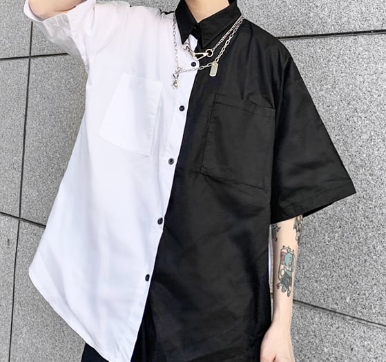 白黒 アシンメトリー 半袖 シャツ レディース トップス 個性的【tb-836