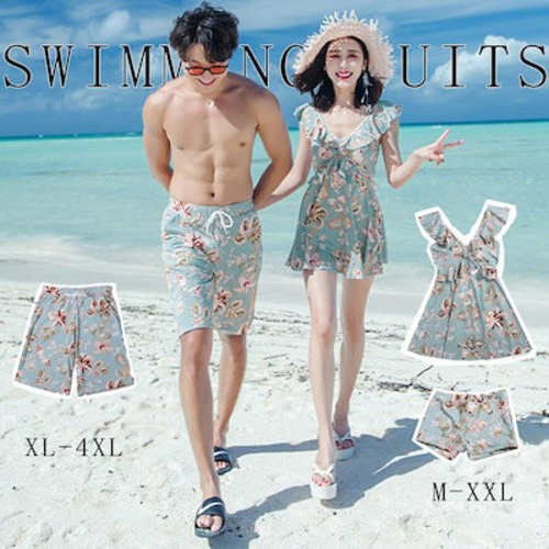 水着 カップル みずぎ ミズギ 男女 温泉 お揃い エレガント 可愛い セパレート ビキニ オフショルダー スカート ワンピース 2点セット パッド付き 日よけ メンズ