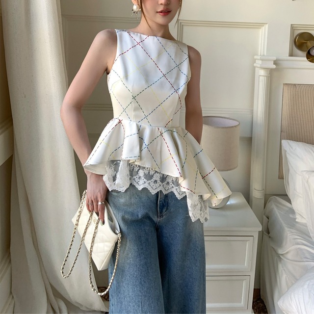 エレガントチェック ペプラムトップス T143