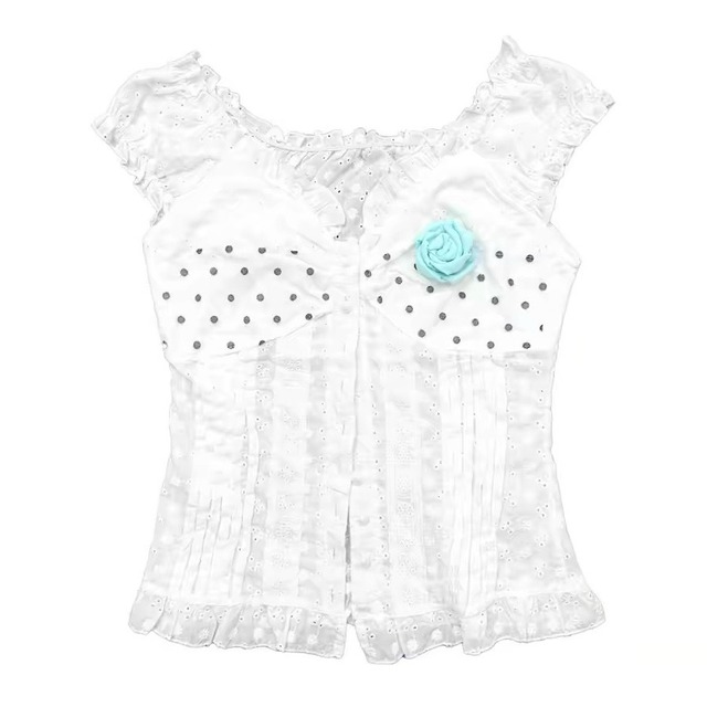 [Ttsunami] white patchwork polka-dot slim shirt top