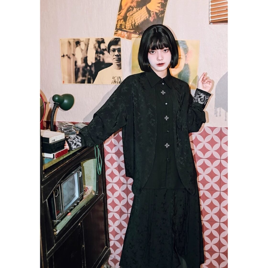 チャイナ風服 チャイナ風服 古怪舎 フェイクレイヤードシャツ 重ね着風 