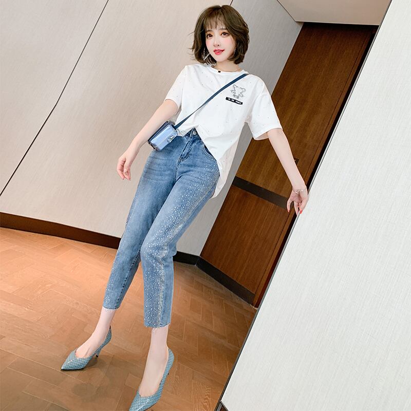 ラインストーンパンツ ウェスト薄手ジーンズ スプリングサマー 春物 夏物 MIUCO80433615427