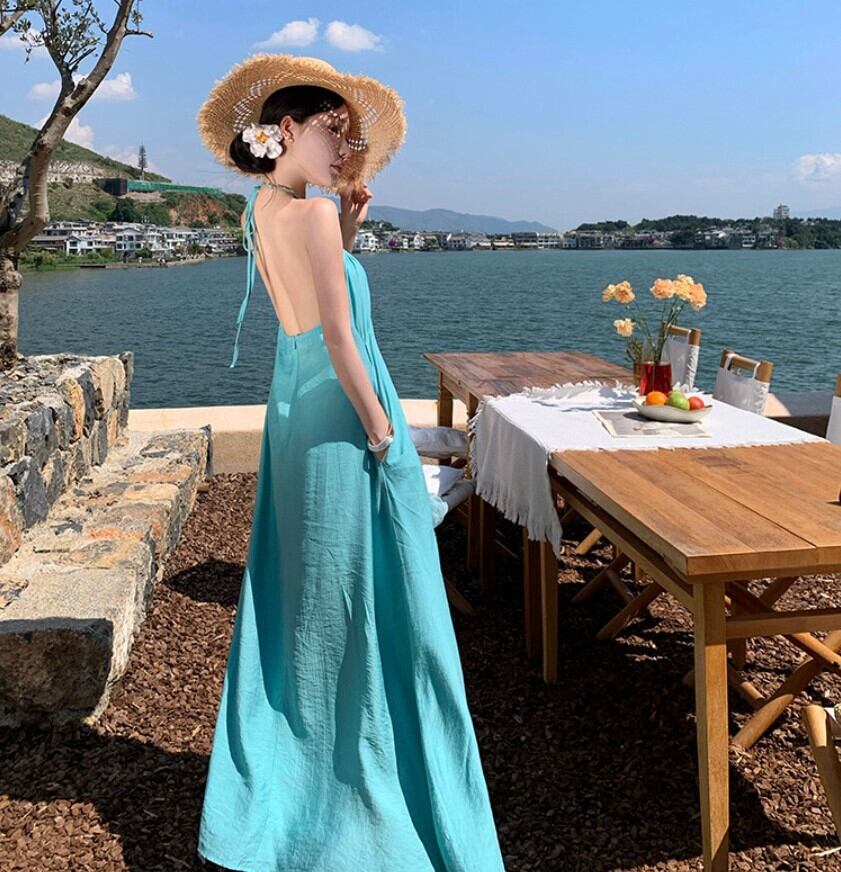リゾートワンピース バックレス フラワーモチーフ 立体花 マキシ丈