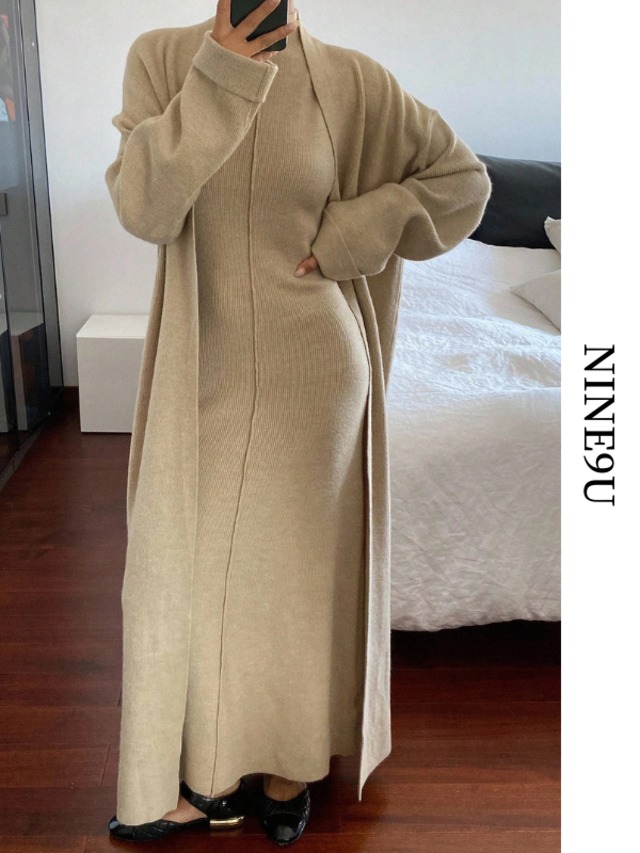 cardigan＆one-piece rib-knit relax 2set【NINE-S0035】