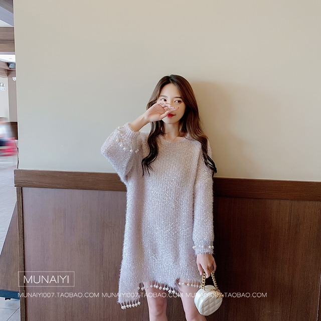 ガーリーコーデ アシメントリー ニットワンピース 清楚系 カジュアル パールビジュー レディース ミニワンピース 秋冬 Ptnym2563 Shop Suba