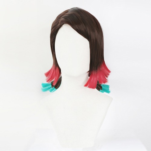 コスプレ耐熱ウィッグ ブラウン ピンク エメラルドグリーン グラデーション ミディアムウィッグ ★鬼滅の刃/魘夢 等 ★即納品★