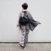 【受注商品】Rumi Rock片身変わりきもの「ビカクシダ×変わり縞」　[A1711]