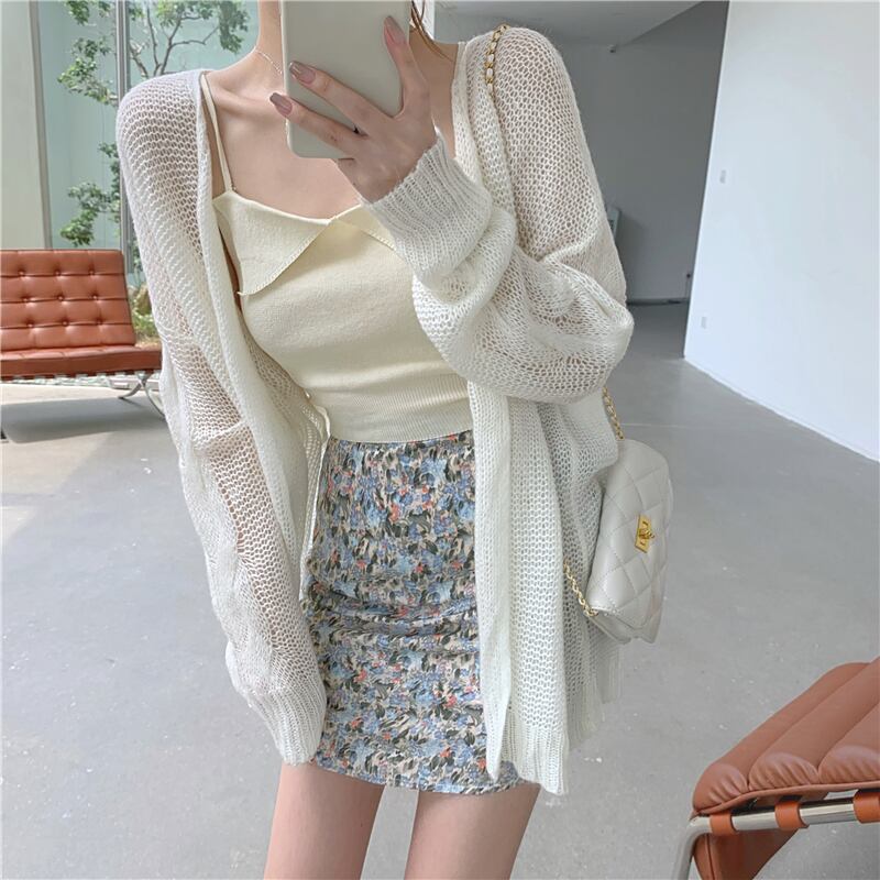 ミッドレングスルーズVネック中空長袖セータートップレディース2020秋新作セーターカーディガンジャケット ブラックストロベリース65932600668