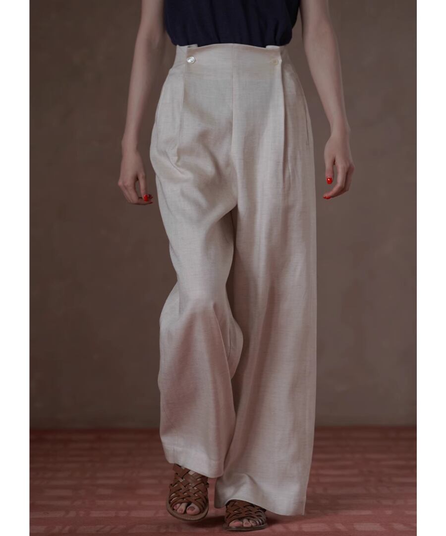 リネン混◆ハイウエストワイドパンツ【p-20128】