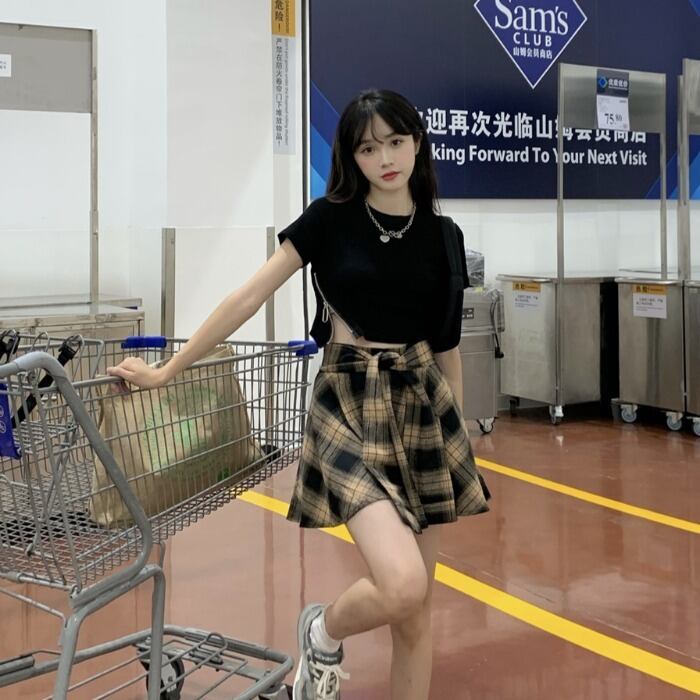 スリムショートジッパーTシャツ トップス ハイウェスト格子柄レーススカート レディース ストリート ドラファッションホール25499546360