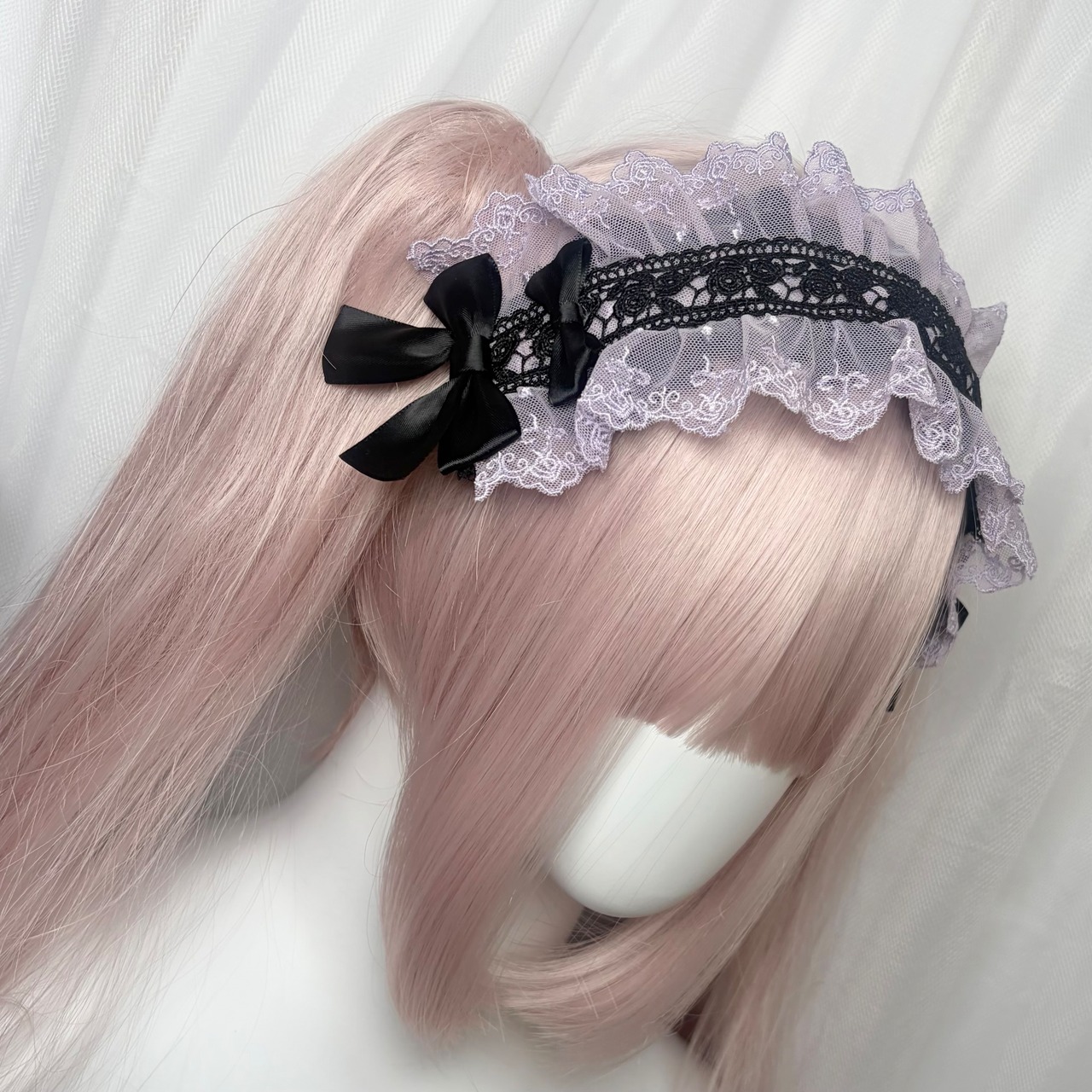 ♡【受注生産】No.10 薔薇刺繍＆黒基調 フリルレース ダブルリボンヘッドドレス black×white ♡