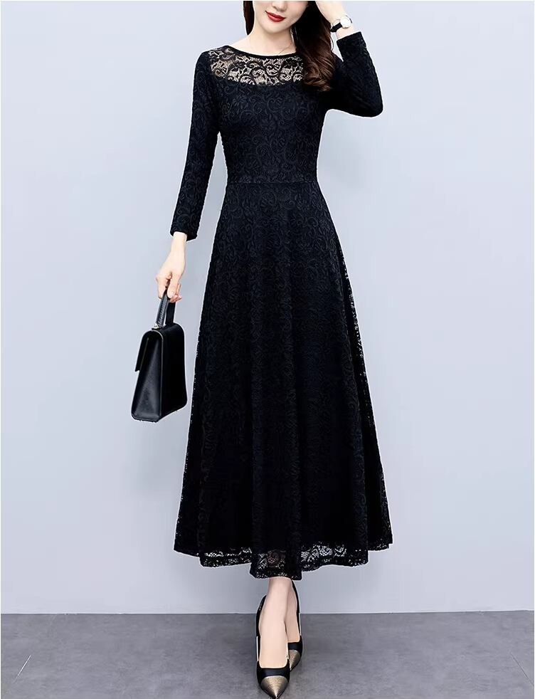 ドレス ロングドレス Aラインドレス ロング ロング丈 袖あり 長袖 ラウンドネック Aライン レース きれいめ 大人 上品 おしゃれ お洒落 レトロ クール リーフ柄 レディース 女性用 パーティー イベント ホテル レストラン ファッション スタイル 高見え 格上げ 秋 二次会 2次会 お呼ばれ パーティー パーティ サイズ M L XL 2XL 3XL 4XL 5XL 黒 ブラック