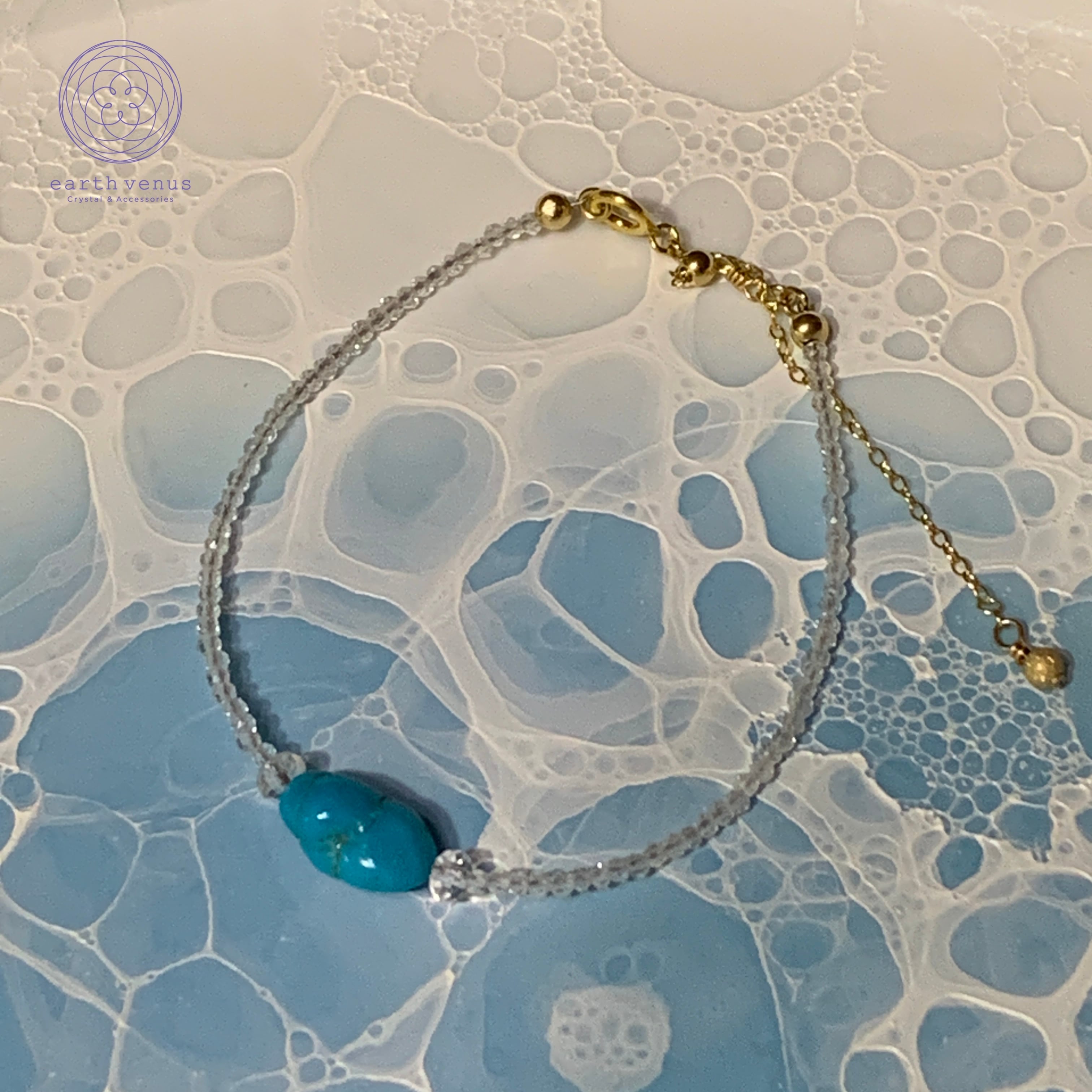 ブレスレット【天然ターコイズ・ホワイトトパーズ・水晶】14kgf