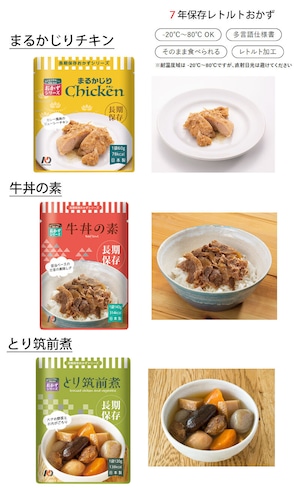 7年保存レトルト食品白飯6点＋7年保存レトルトおかず3種2セット（計6点）＋7年保存レトルトパン4種1セット＋7年保存野菜コンソメスープ2袋（6点）＋ファイアレスヒーター3袋＋10年保存水500ml8本 3日分セット