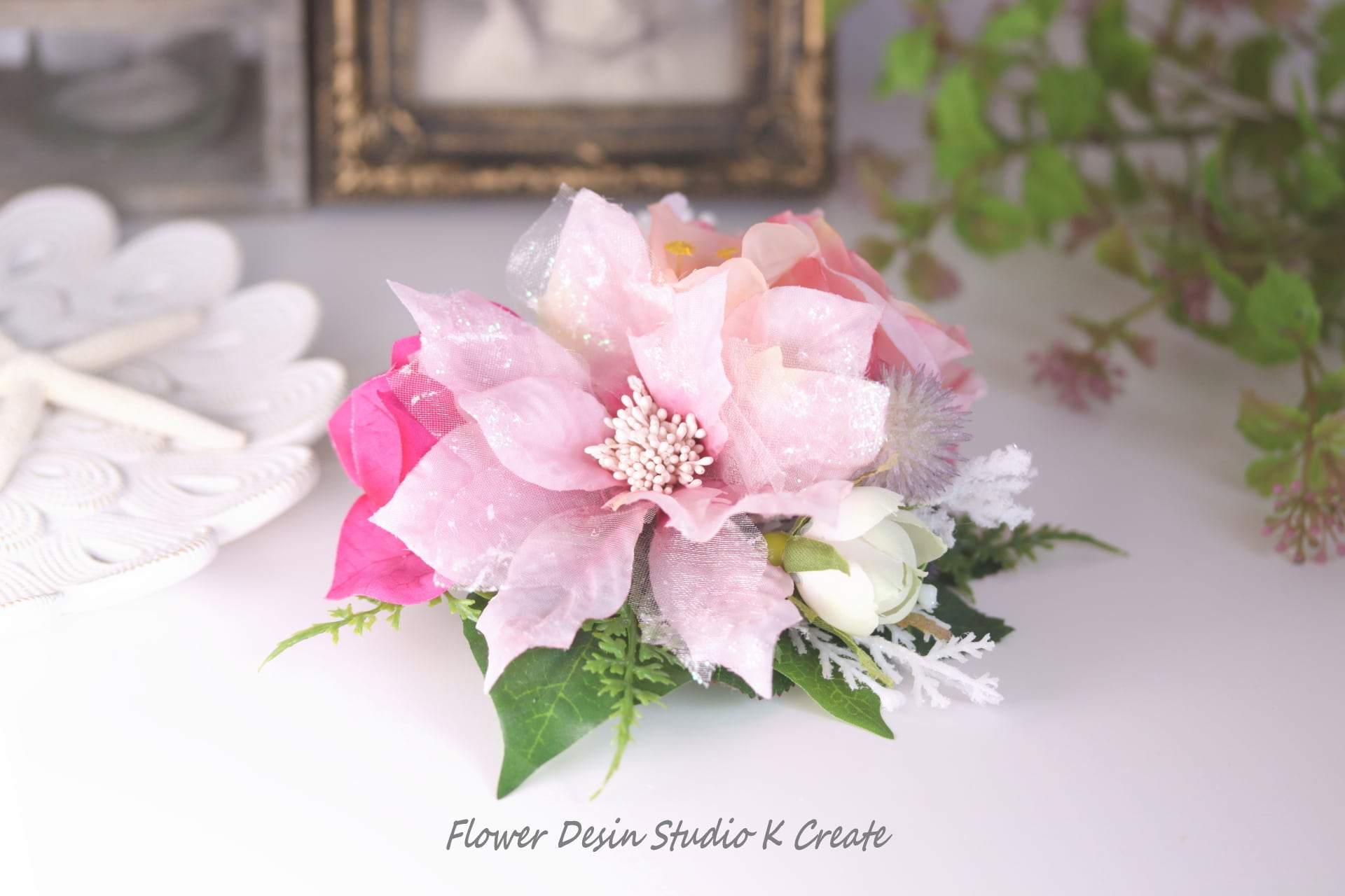 発表会に♡ピンクのポインセチアとプルメリアの髪飾り ヘアクリップ