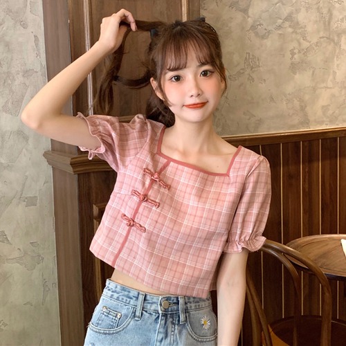 ✞ ショートスリーブシャツブラウスきれいめ☆♬カワイイ♥スタンダードチェック柄バックル レトロ 大人ガーリー スウィート キュート カジュアル スクウェア ✞ゴスロリ SM ミリ 甘ロリ クラロリ 和ロリ エレガント 黒ロリ 姫ロリ 華ロリ BB-BB1521293