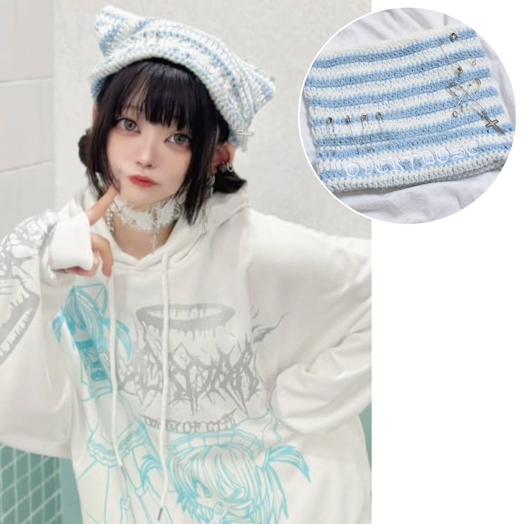 サブカルロゴ刺繍☆ボーダーネコ耳PINニット帽(WHITE/BLUE