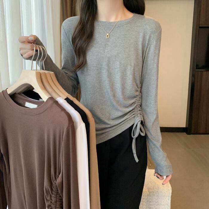 ホワイトTシャツ シャツ オータムトップス ギャザールーズ ロング 秋物 1号婦人1496489925