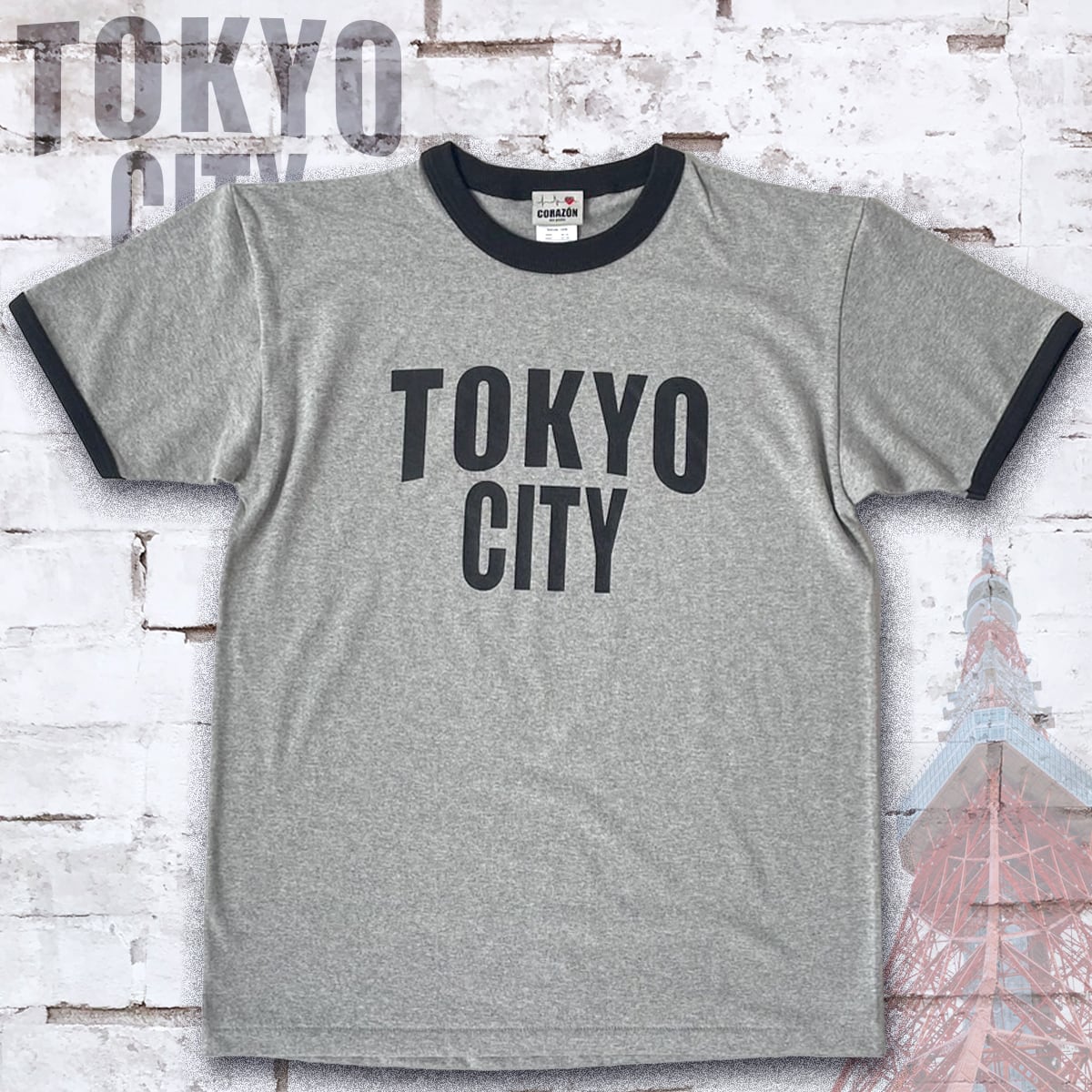 CORAZÓN TOKYO CITY ロゴ リンガーTシャツ ヘザーグレー×スミクロ CORAZÓN TOKYO CITY ロゴ リンガーTシャツ ヘザーグレー×スミクロ