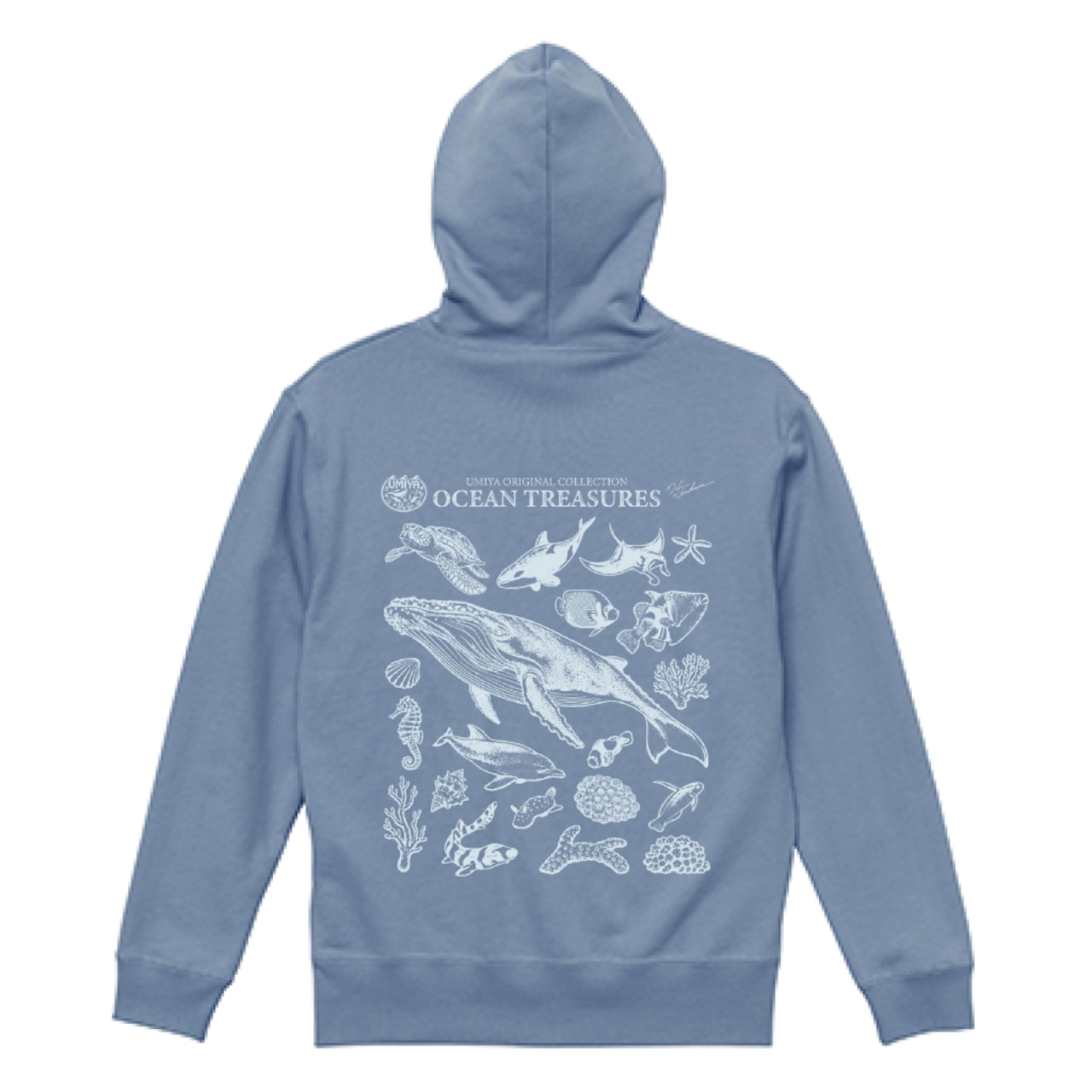 海洋生物ヴィンテージ風フルジップパーカー｜OCEAN TREASURES／Model-02（アシッドブルー）
