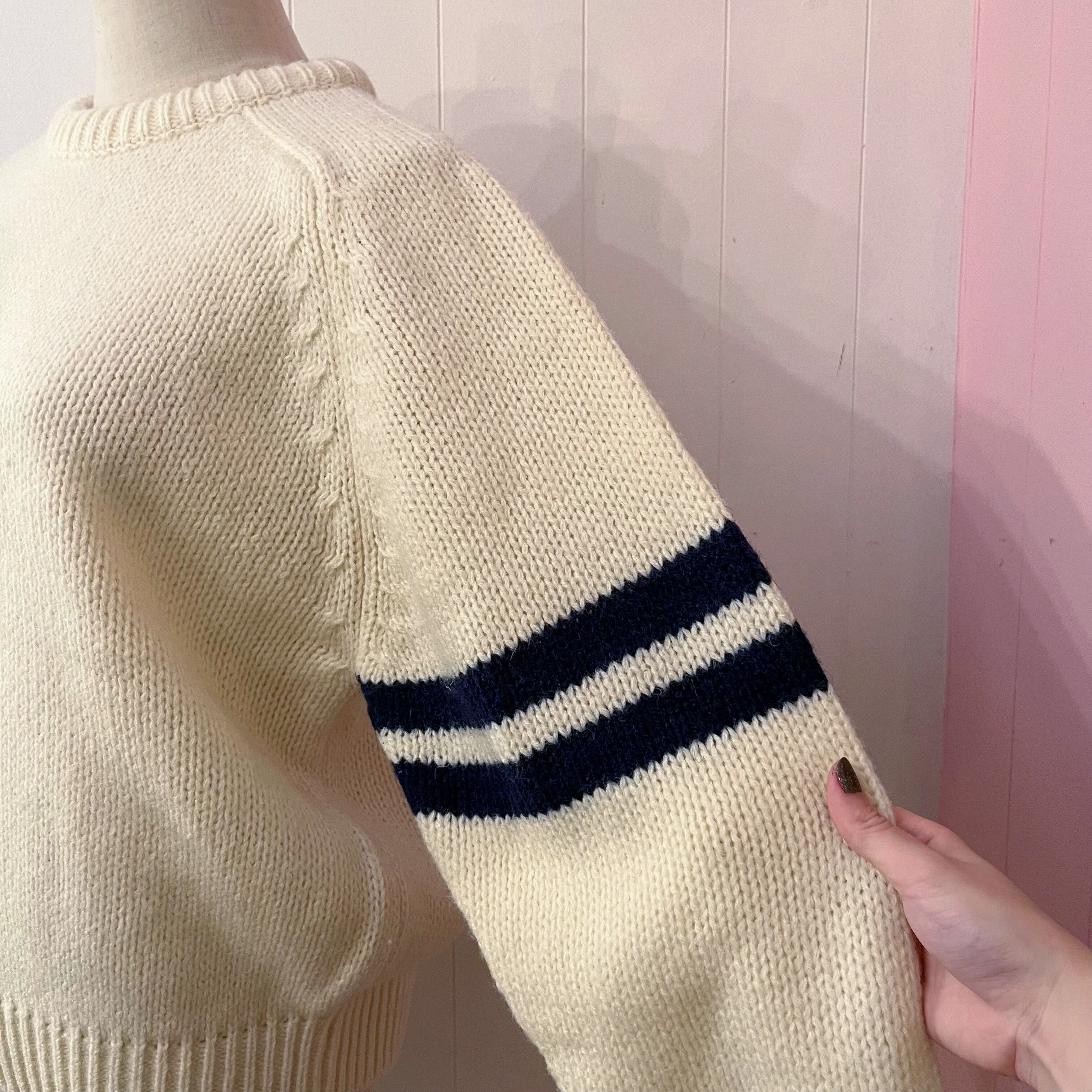 navy double line crew neck sweater