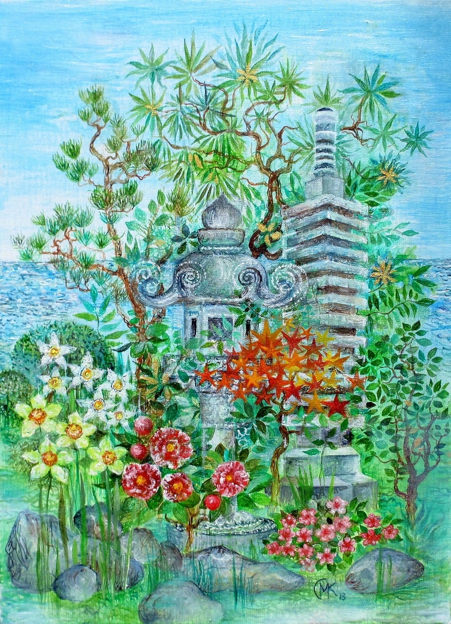 灯篭越しに眺める海