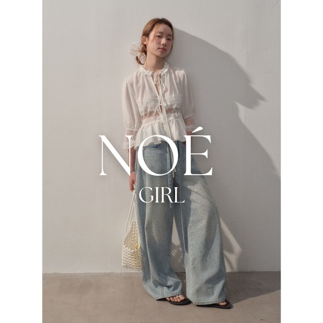 【2SET】lace blouse & rhinestone denim set