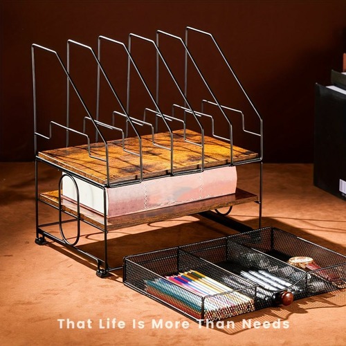 引き出し付き3段 デスクオーガナイザー 5つ 縦型ファイル 棚付き デスクトップ