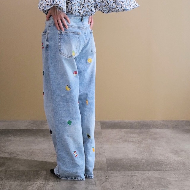 ★フルーツ刺繍デニム（ブルー）
