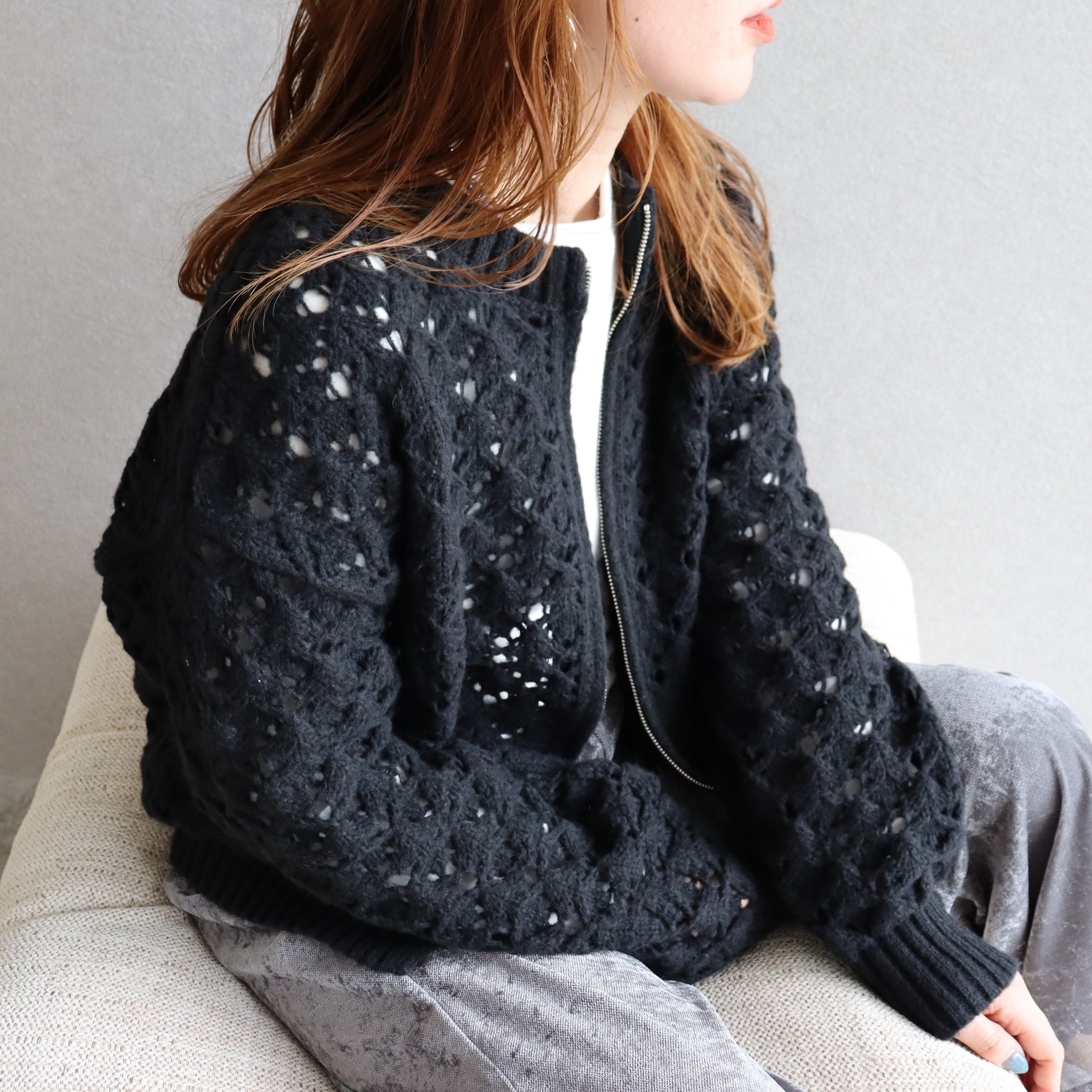 透かし編みZIPニットカーディガン【day166002-z】宅配便送料無料/宅配