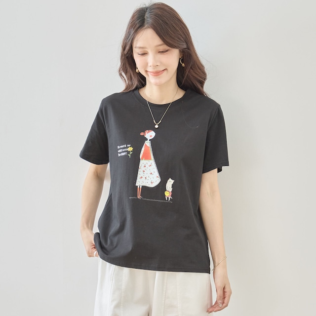 TRUBE 可愛いペットと仲良しガールイラストTシャツ【M~L】ブラック