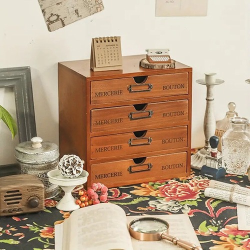 収納ボックス 木製 扉付き ４段 引き出し付 メイク収納 化粧品収納 小物収納 収納棚 おしゃれ 北欧