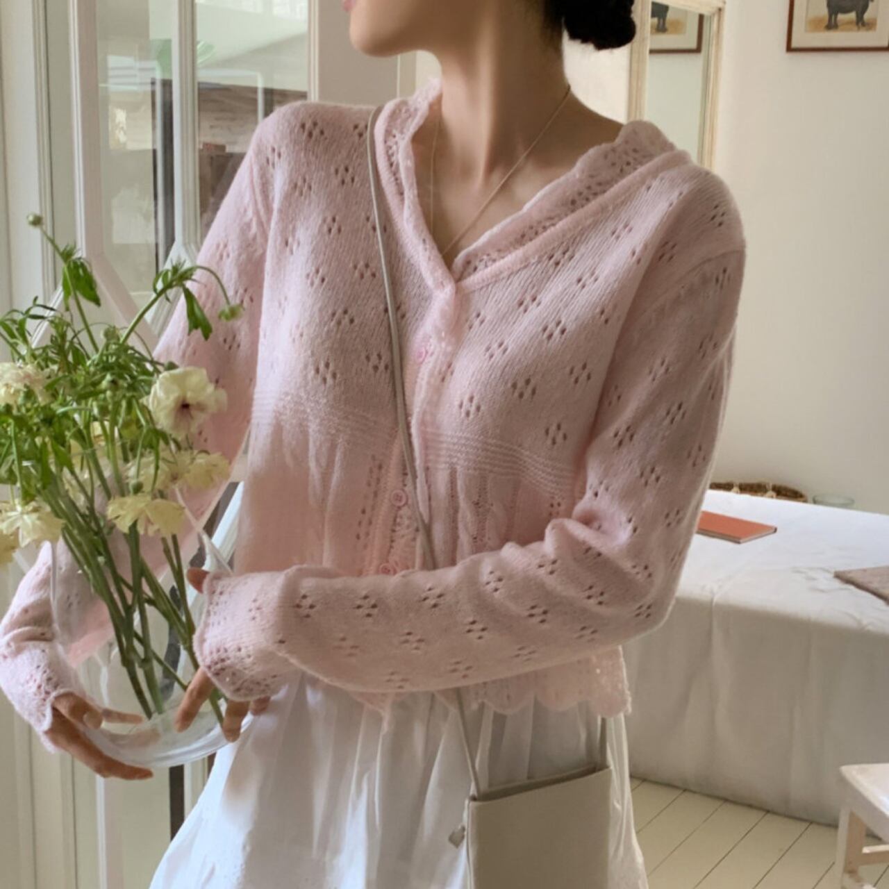 ウェーブパンチング ニットカーディガン A4185