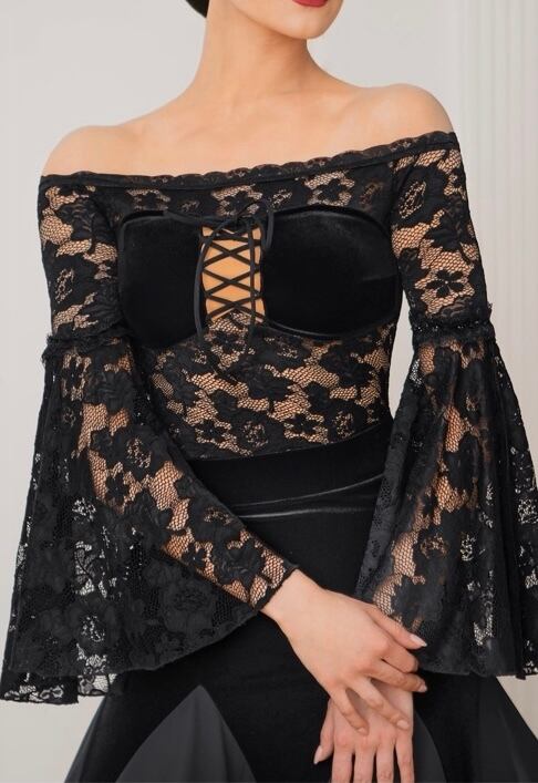 【新着】社交ダンス ドレス 　スタンダード 　モダンド レス 　ブラック　セットアップ（ベルベット＆レース） M　 ST-25-25＆ 26 　デモ・競技用ドレス 　発表会衣装 　パーティドレス 　ワンピース 　舞台衣装