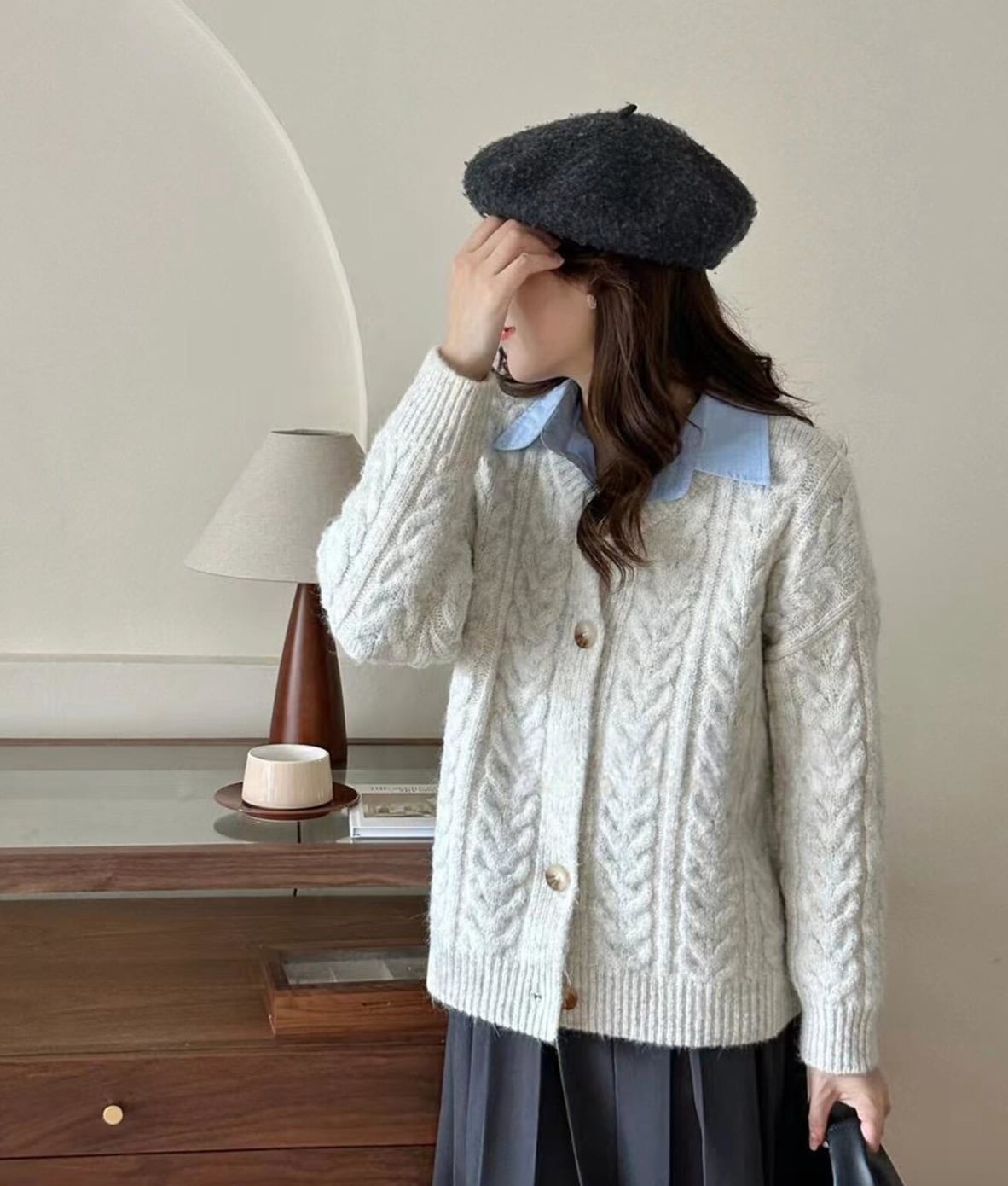 ナンバーミーTOKYO"CABLE KNIT CARDIGAN"LIGHT GRAY