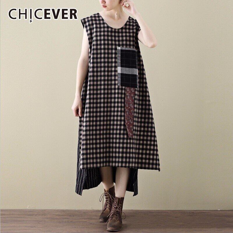 CHICEVERチェック柄ワンピースレディースルーズオーバーサイズOネックノースリーブ裾アシンメトリービッグポケットサマードレス 夏物 6base51466135806