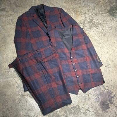 GUCCI グッチ 秋冬 チェック 3Pセットアップスーツ レッド系×ネイビー 