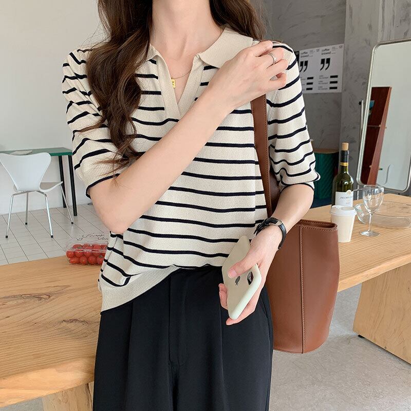 カジュアルTシャツ サマーVネックストライプセーター トップス 夏物 YY-ファッション30868362530